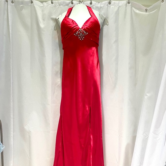 Red Flirt Satin Jeweled Bar Back Prom Dress P4601 by Maggie Sottero - Picture 1 of 7